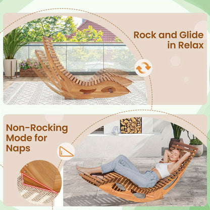Acacia Wood Rocking Chaise Lounge Outdoor High Back Ergonomic Slatted Seat Stopper 350lb Patio Rocker for Deck Poolside Garden