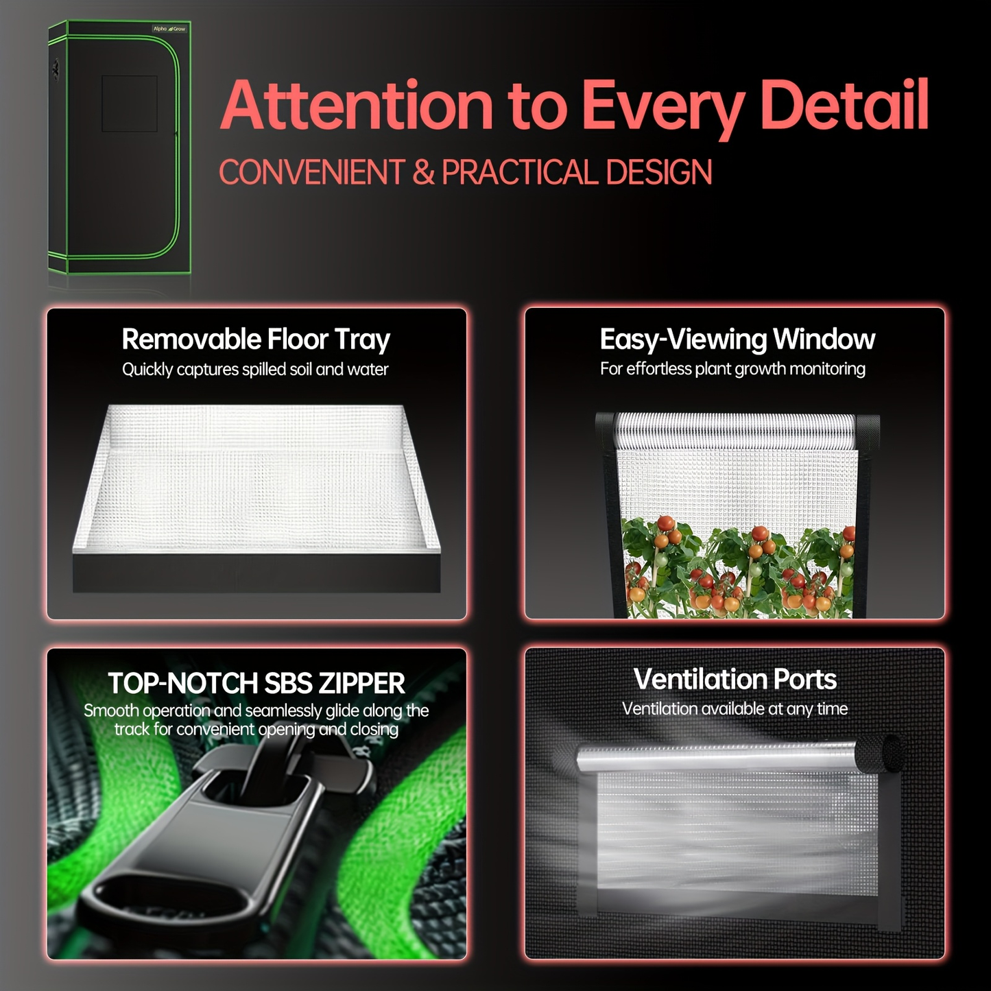 Grow Tent 1680D Thickened Mylar with Observation Window & Floor Tray | Pro-Grade Indoor Hydroponic Growing | 2x2 3x3 4x4 ft Multiple Size Options