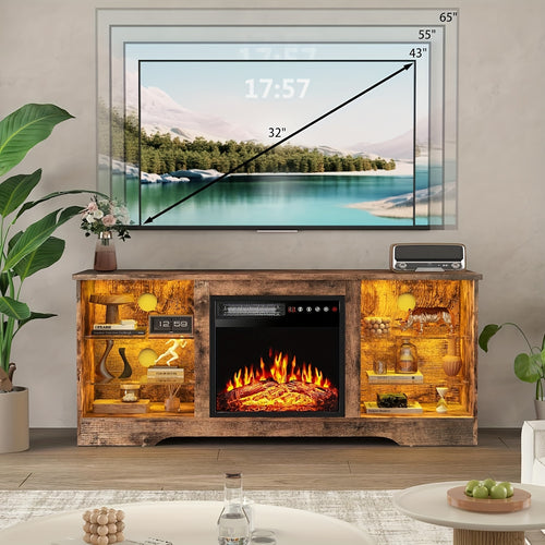 Fireplace TV Stand with 18" Electric Fireplace Insert, 58" Entertainment Center with LED Leg Lights, Media Console for TVs Up to 65", Adjustable Glass Shelves & Storage Cabinets, Black/Gray/White/Beige/Brown