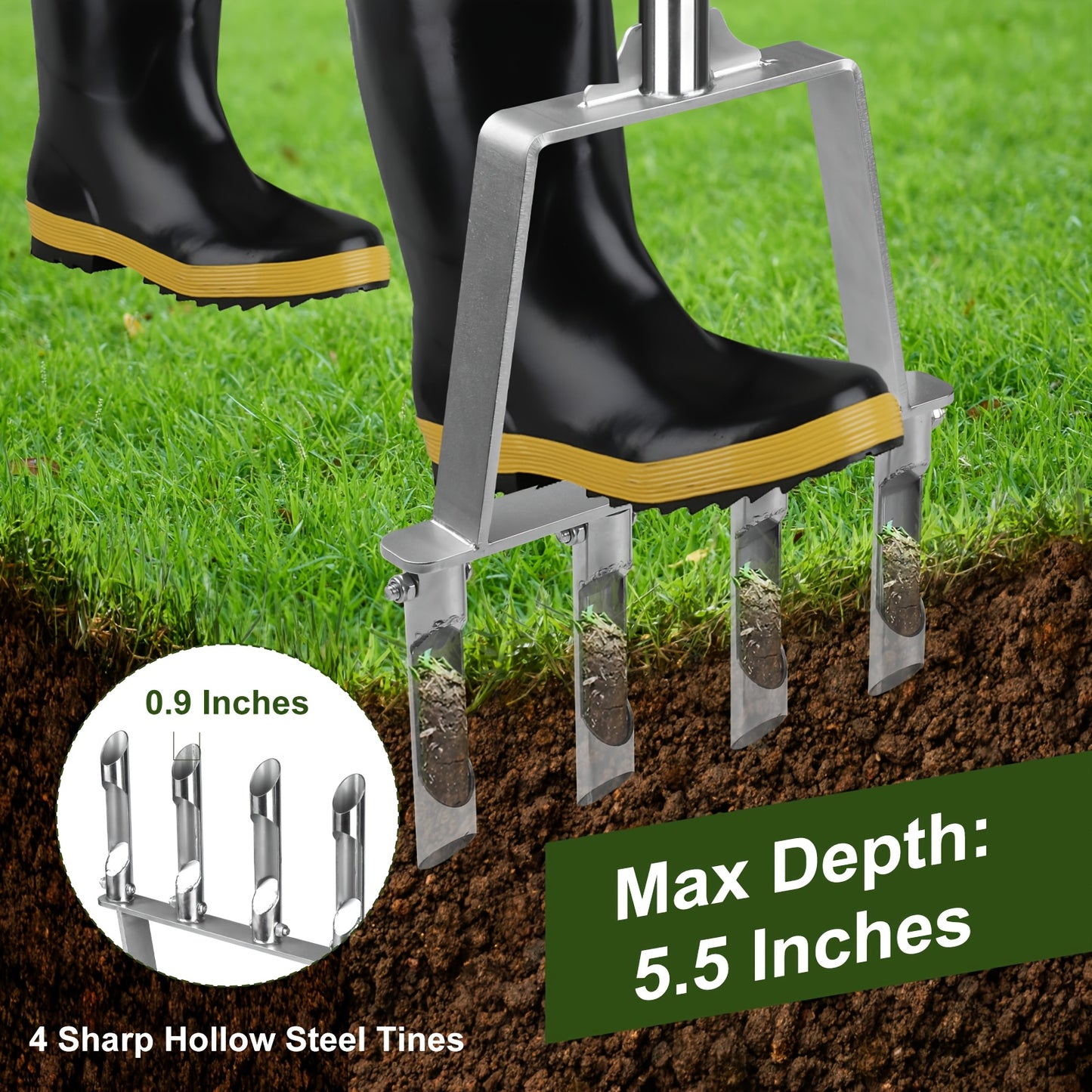 Lawn Core Aerator Tool with 4 Hollow Tines - Heavy Duty Manual Plug Aerator for Yard Soil Loosening, Thatch Removal, Grass Maintenance & Deep Core Aeration for Residential and Commercial Lawns