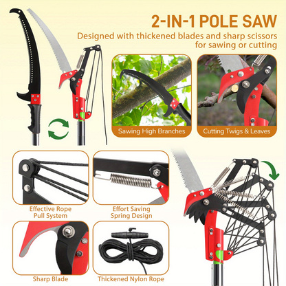 Extendable Pole Saw 26ft 2-in-1 Manual Tree Pruner – High Reach Branch Trimmer with Pruning Saw & Rope Cutter for Yard & Garden
