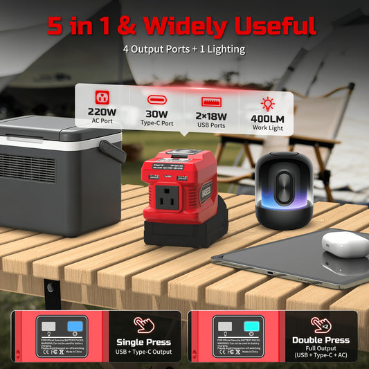 Power Inverter 220W for 18V Battery - DC 18V to AC 110V Portable Generator for Camping, Emergency, Mobile Work, Compatible with Ryobi Milwaukee (Battery Not Included)