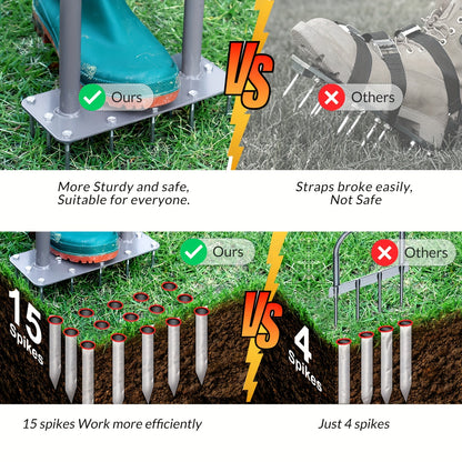 Spike Lawn Aerator with 15 Iron Spikes - Heavy Duty Metal Manual Dethatching & Soil Aerating Tool, Pre-Assembled Grass Aerator for Yard, Garden & Patio Lawn Aeration to Revive Lawn Health
