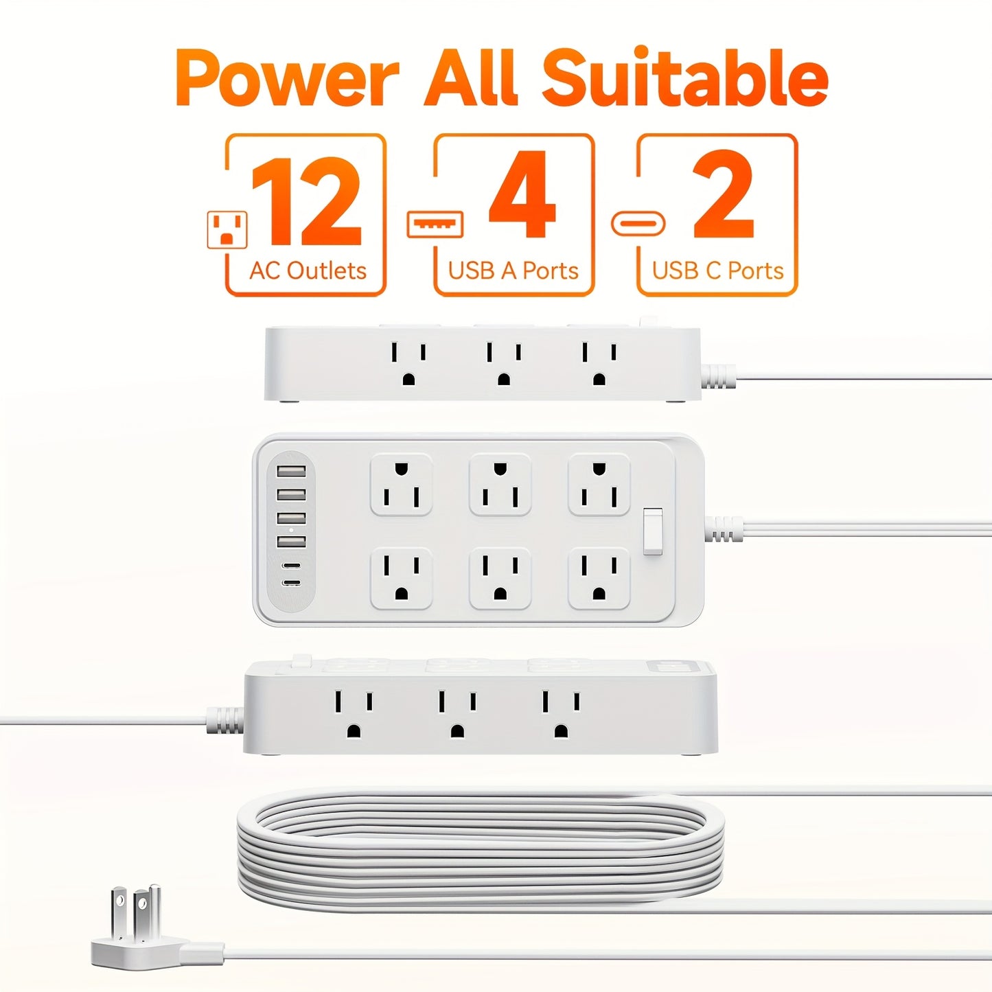 Charging Station 18-in-1 Power Strip Surge Protector 12 AC Outlets 6 USB Ports 4 USB-A 2 USB-C Flat Plug Wide Spacing Wall Mount for Home Dorm Office Travel