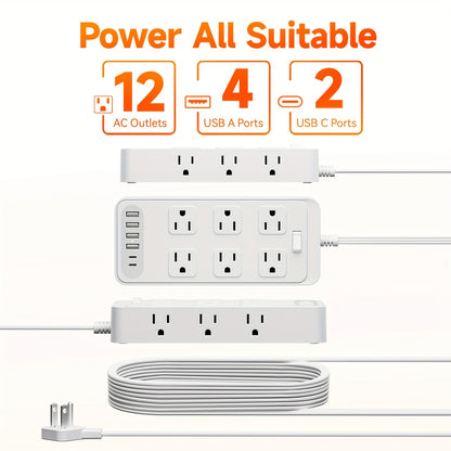 Charging Station 18-in-1 Power Strip Surge Protector 12 AC Outlets 6 USB Ports 4 USB-A 2 USB-C Flat Plug Wide Spacing Wall Mount for Home Dorm Office Travel