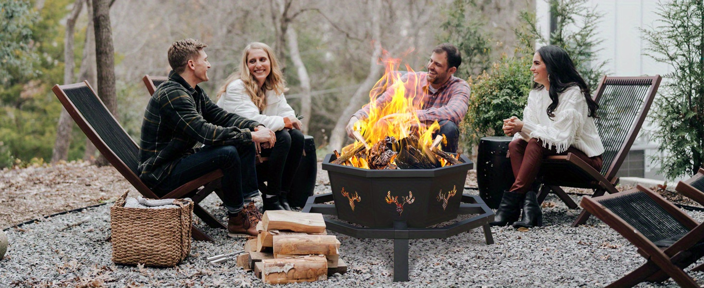 Outdoor Fire Pit 35 Inch Octagonal Wood Burning Fire Pit with Spark Screen, Poker & Grate for Backyard Patio Camping Bonfire