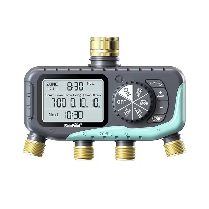 Garden Irrigation System 4-Zone – Automatic Watering Controller with Brass Head, Manual & Rain Delay Modes, Independent Zone Scheduling