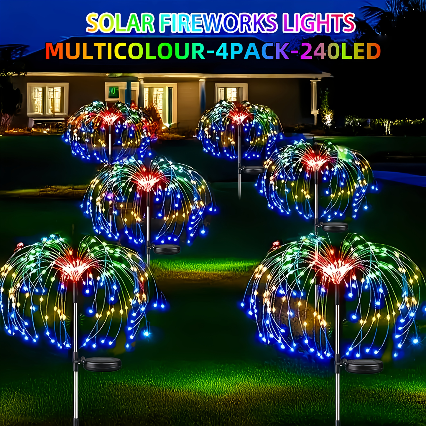 Solar Fireworks Lights Outdoor Waterproof 240–640 LED 8 Lighting Modes – 4/8 Pack Garden Stake Lights for Christmas Yard Wedding Patio Lawn Holiday Decoration