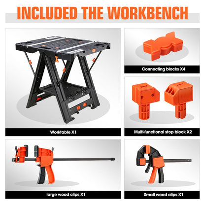 Portable Workbench 2-in-1 Folding Work Table & Sawhorse, 31"x25" Heavy-Duty Foldable Workbench with Clamps, Connecting Blocks & Tool Tray for Woodworking