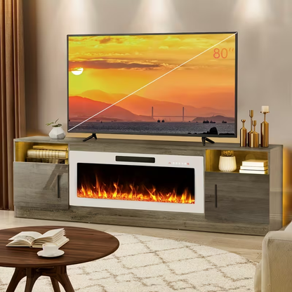 TV Stand with Fireplace 70 Inch for TVs up to 80" 36" Electric Fireplace LED Light Entertainment Center Highlight Storage Cabinet Modern Wood Media Console