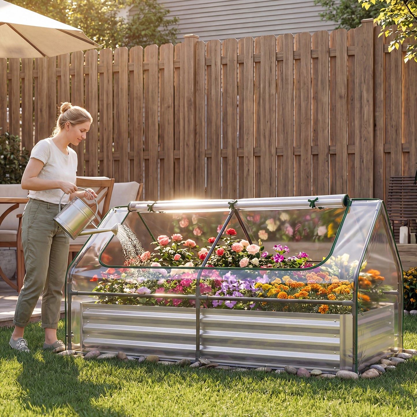 Raised Garden Bed with Greenhouse Cover 3-in-1, Metal Planter Box 71"x35.5"x36" with Dual Roll-Up Screen Windows & Open Bottom for Vegetables, Flowers & Herbs