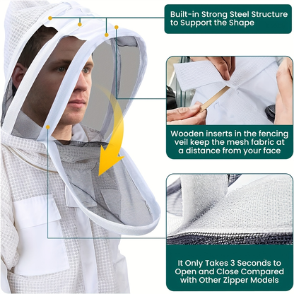 Beekeeping Suit Triple Layer Sting-Resistant Gloves 2 Veils S-3XL
