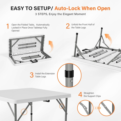 Square Folding Table 34" Bi-Fold HDPE Top 330 lbs Capacity Rust-Resistant Frame with Carry Handle for Party, Wedding, Camping & Indoor Use