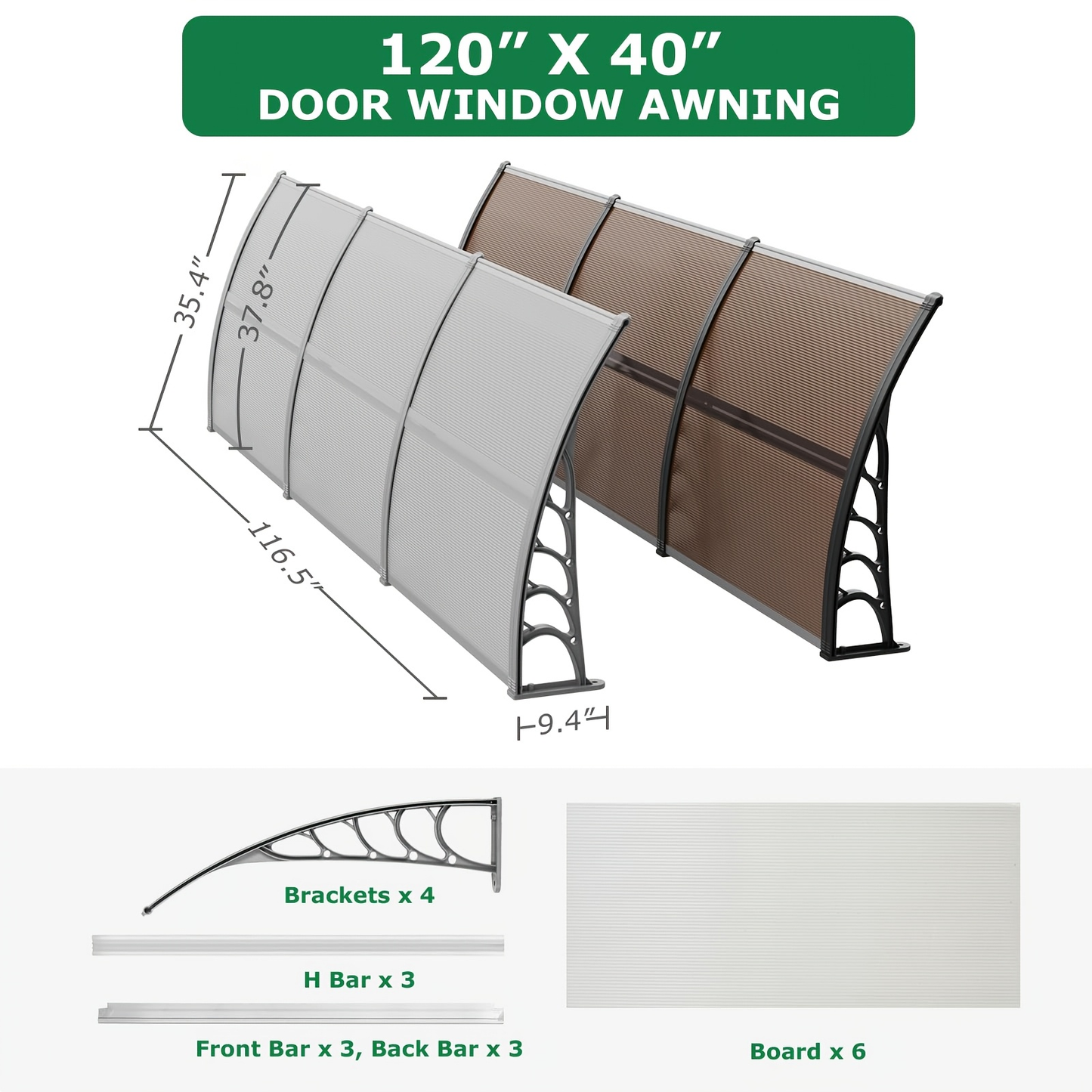 Door Awning 120"x40" Polycarbonate Canopy UPF50+ UV Rain Snow