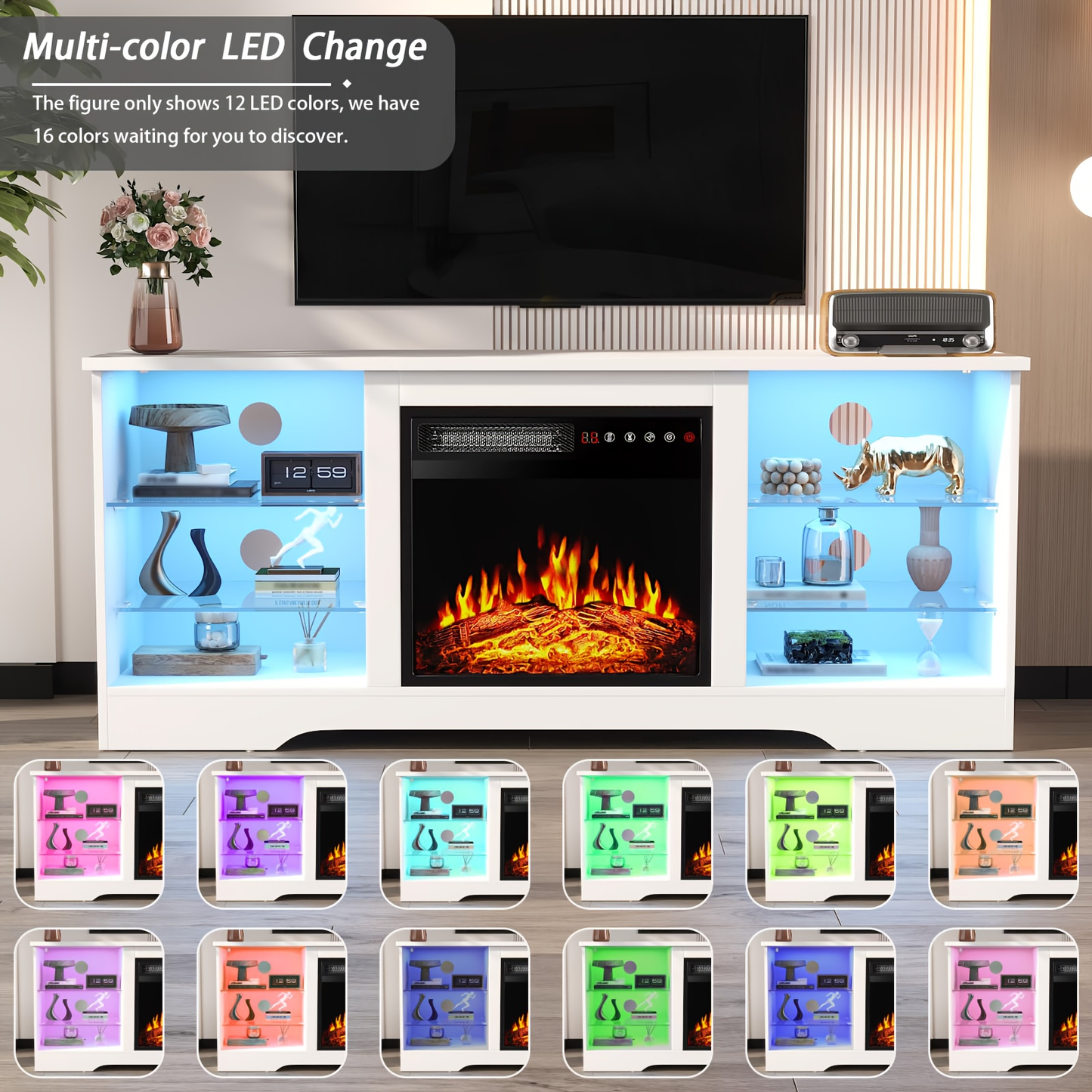 Electric Fireplace TV Stand 58 Inch Entertainment Center with 18" Fireplace Heater 16-Color LED Glass Shelves Storage Cabinets for TVs up to 65"