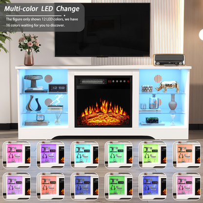 Electric Fireplace TV Stand 58 Inch Entertainment Center with 18" Fireplace Heater 16-Color LED Glass Shelves Storage Cabinets for TVs up to 65"
