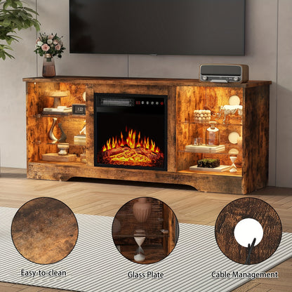 Fireplace TV Stand with 18" Electric Fireplace Insert, 58" Entertainment Center with LED Leg Lights, Media Console for TVs Up to 65", Adjustable Glass Shelves & Storage Cabinets, Black/Gray/White/Beige/Brown