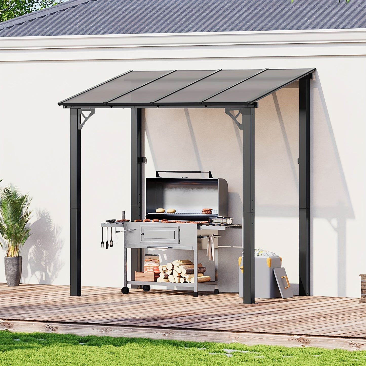 Lean-To Pergola Wall-Mounted Aluminum Louvered Roof Patio Awning