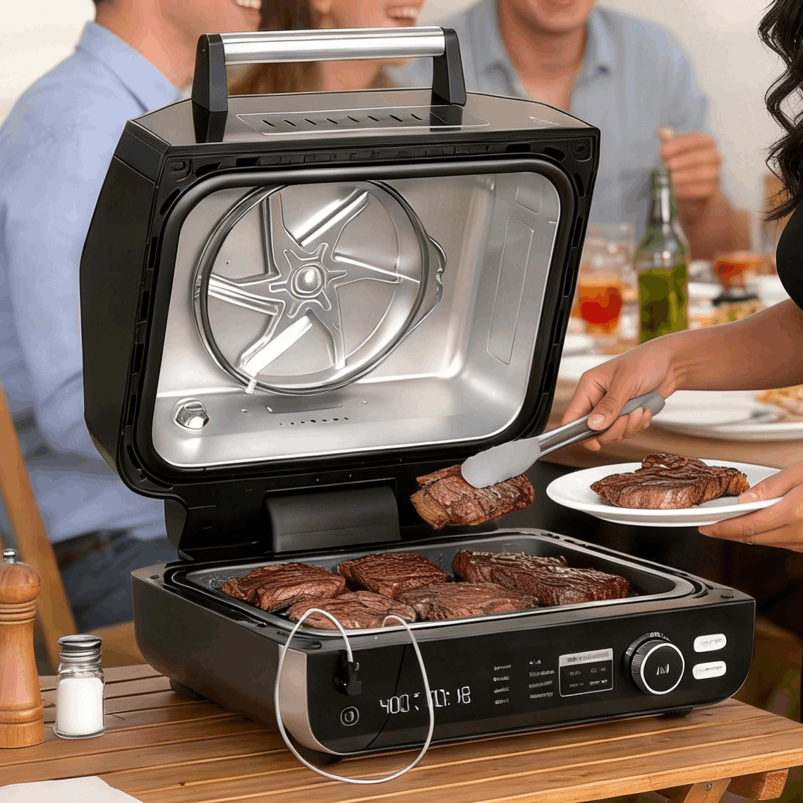 Air Fryer Grill Combo 8-in-1 Electric Indoor BBQ – Large Non-Stick Surface, Fry Basket Included | Grill, Bake, Roast & Dehydrate | 16x18x10.5 in Countertop Steak Grill