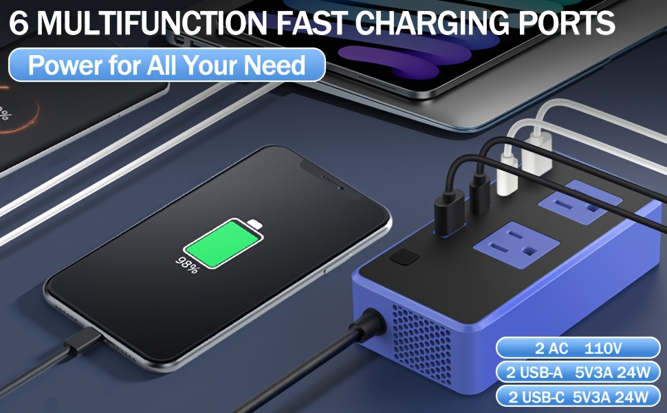 Car Inverter Charger 200W DC 12V to AC 110V with PD 24W USB-C QC 24W Quick Charge Car Plug Adapter US Socket for Vehicle Office Camping Road Trip Travel Blue