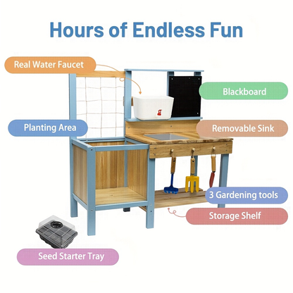 Kids Potting Bench Wooden Outdoor Toy Gardening Center with Planter Box Sink Faucet Blackboard Storage Shelf Garden Pretend Play Workstation for Toddlers Children