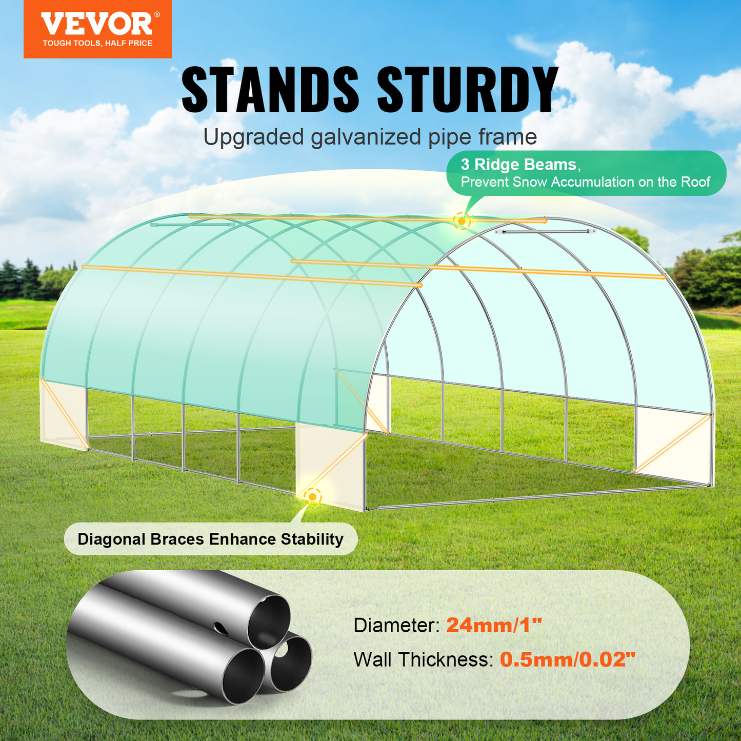 Tunnel Greenhouse Heavy Duty Galvanized Frame 140g/m² PE Cover, 6 Vent Windows Walk-In Hoop House for Garden & Farm, Multiple Sizes