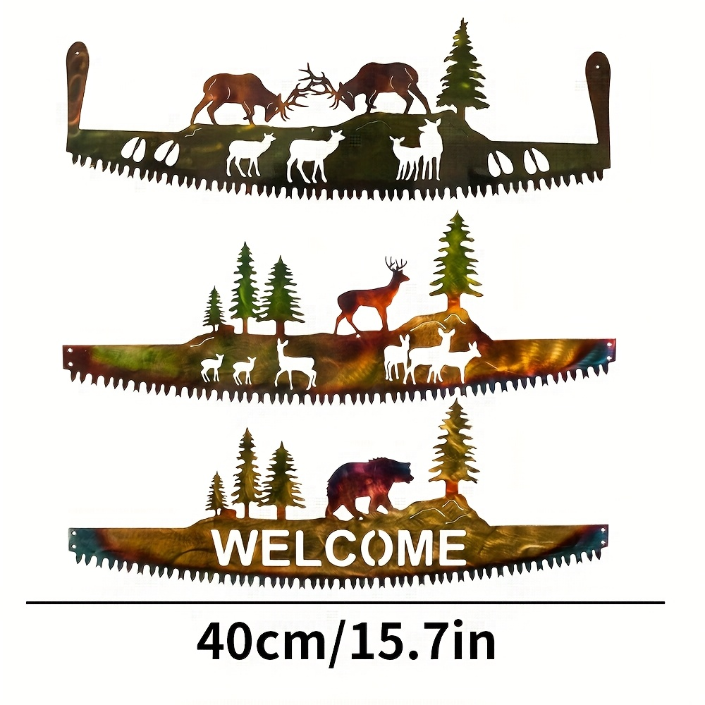 Metal Wall Art Saw Blade - Wild Animal Bear Deer Silhouette Gradient Polished Home Indoor Outdoor Decor