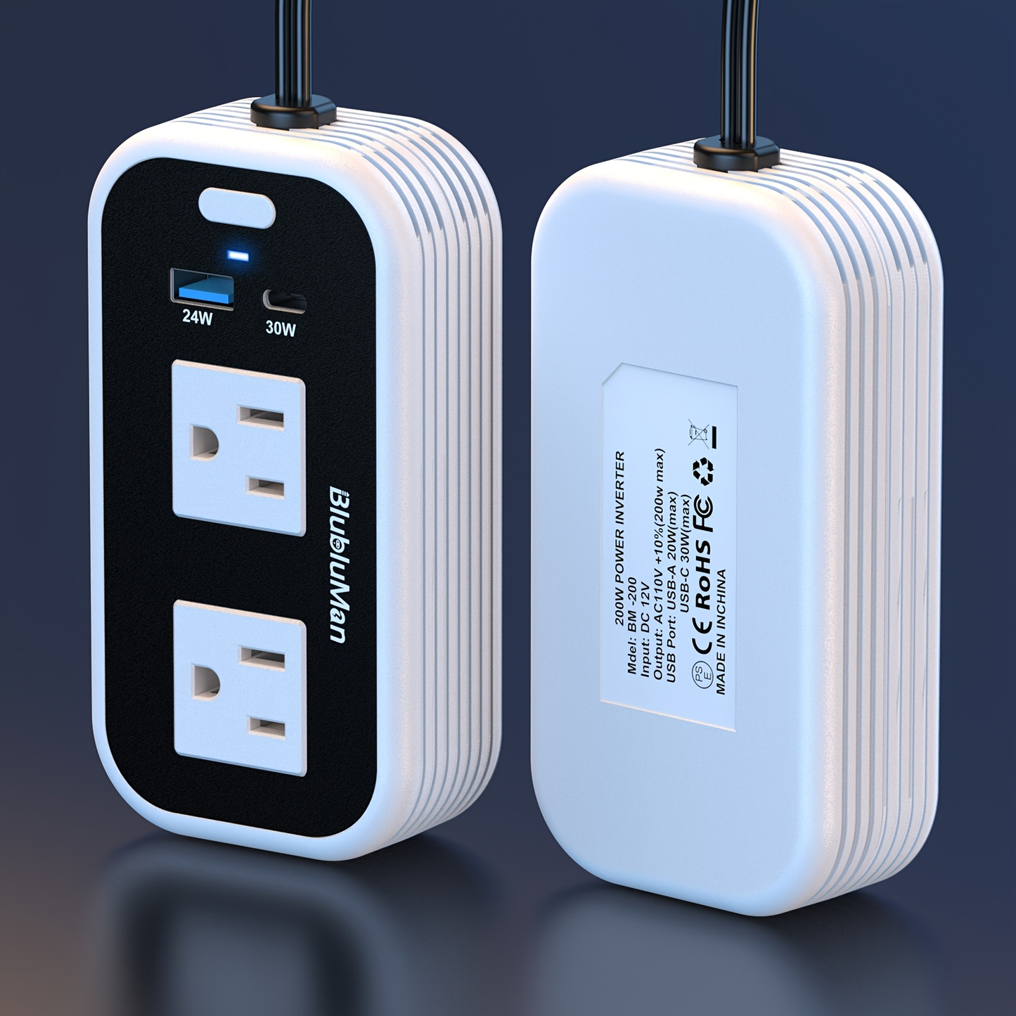 Car Plug Inverter 200W DC 12V to AC 110V with 30W PD Fast Charging QC3.0 24W USB-C Outlet Adapter for Laptop Computer Phone Tablet Vehicle Travel Road Trip