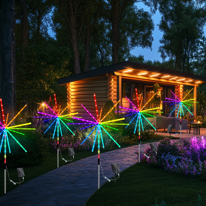 Solar Meteor Lights Outdoor 4 Pack 336 LED True 3D Firework Effect IP65 Waterproof Ground Stake with Remote Control Multi-Color – Garden Patio Christmas Valentine Party Camping Decoration
