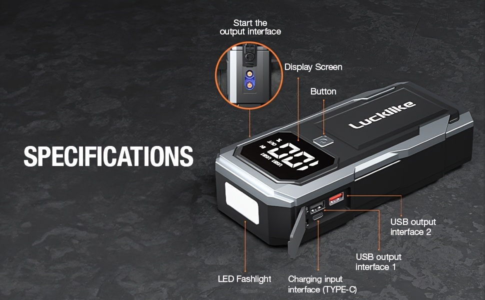 Battery Jump Starter 5000A 3000A Peak for Gas Diesel Engines QC3.0 18W Fast Charge USB-C Recharge Digital Display LED Light Intelligent Clamps Power Bank