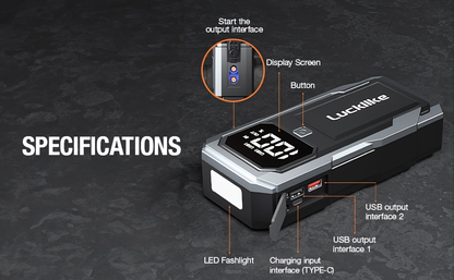 Battery Jump Starter 5000A 3000A Peak for Gas Diesel Engines QC3.0 18W Fast Charge USB-C Recharge Digital Display LED Light Intelligent Clamps Power Bank