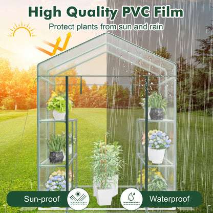 Mini Greenhouse Walk-In 55"x57"x77" with 8 Mesh Shelves, Transparent PVC Cover, Roll-Up Zippered Door & Heavy-Duty PE-Coated Metal Frame for Garden & Yard