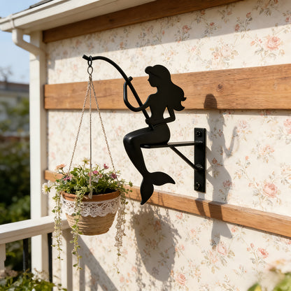 Wall Planter Hanging Iron Art Mermaid Flower Pot Holder for Balcony Vertical Garden - Creative Fisherman Theme Indoor Outdoor Plant Stand Shelf, Boho Wall Decor