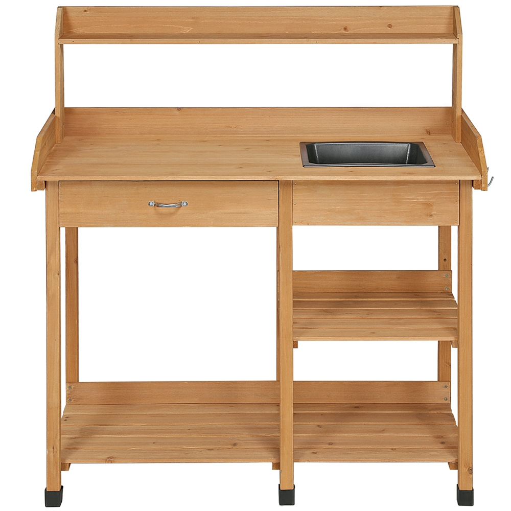 Garden Potting Table 4-Tier with Removable Sink, Adjustable Shelf, Drawer & Side Hooks, Outdoor Planter Stand for Yard Greenhouse in Wood, Brown & Gray