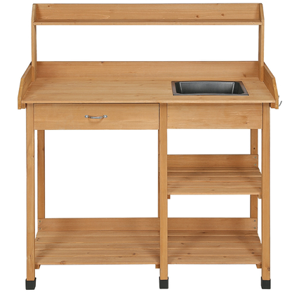 Garden Potting Table 4-Tier with Removable Sink, Adjustable Shelf, Drawer & Side Hooks, Outdoor Planter Stand for Yard Greenhouse in Wood, Brown & Gray