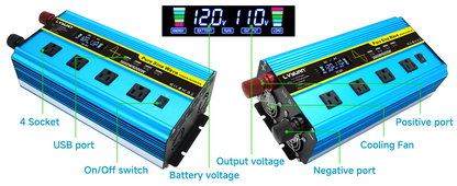 Pure Sine Wave Inverter 3000W 6000W Peak DC 12V 24V to AC 110V with LCD Display 4 AC Outlets Wireless Remote Control for RV Truck Vehicle Camping Home Backup