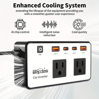 Car Inverter 200W DC 12V to AC 110V with Dual AC Outlets 24W USB-C Fast Charging 4 USB Ports Portable Laptop Phone Charger Adapter for Car Truck RV Travel