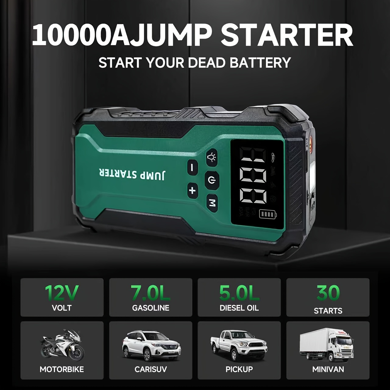 Car Jump Starter 10000A 7-in-1 Portable Battery Booster with Air Pump, Digital Tire Inflator 150PSI, LED Emergency Light for Gas & Diesel Vehicles