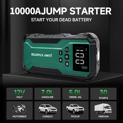 Car Jump Starter 10000A 7-in-1 Portable Battery Booster with Air Pump, Digital Tire Inflator 150PSI, LED Emergency Light for Gas & Diesel Vehicles