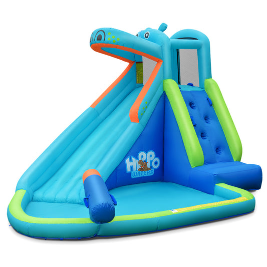 Inflatable Hippo Water Slide Bouncer with Climbing Wall, Splash Pool & Water Cannon – 9.5FT Kids Backyard Water Park, Oxford Cloth, Carry Bag Included