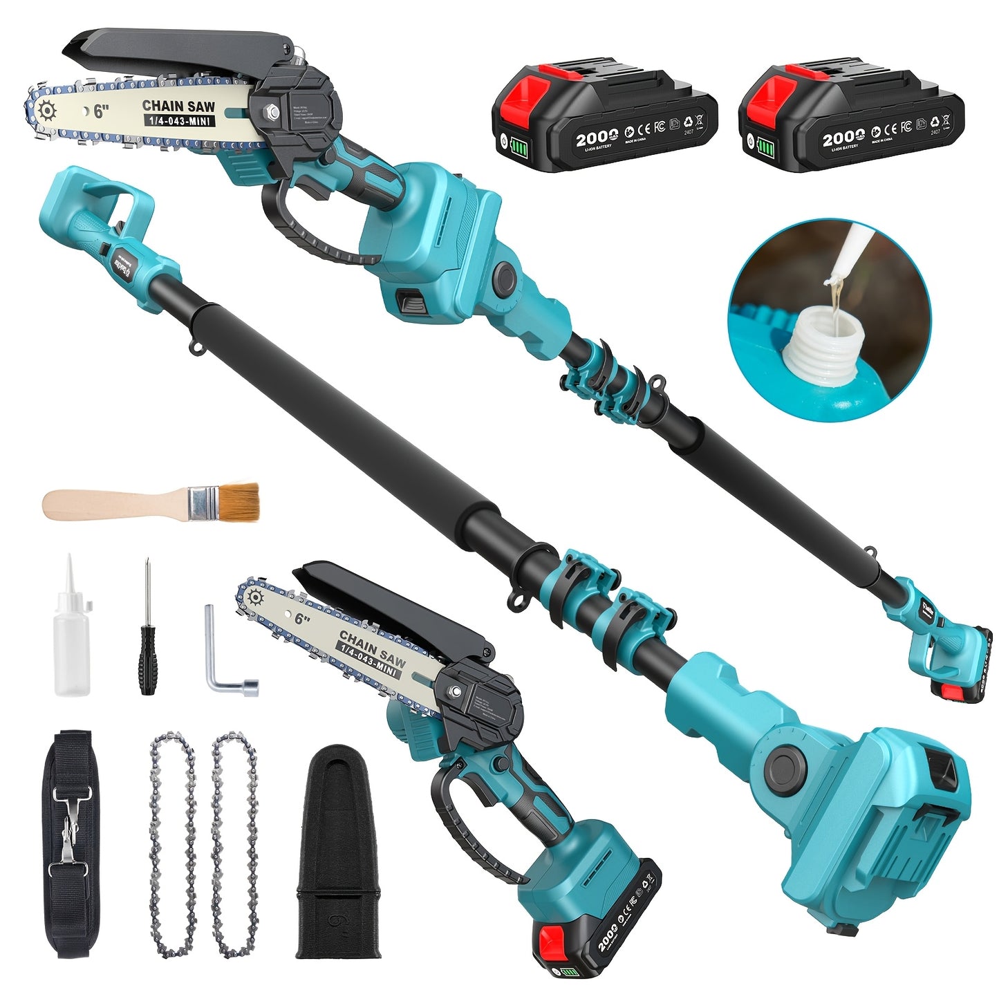 Cordless Pole Chainsaw 2-in-1 with 6" Brushless Chain, 16-Foot Max Reach, 2.0Ah Battery, Extendable Pole Saw for Tree Pruning and Wood Cutting