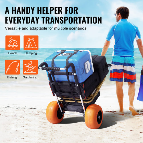 Beach Cart Heavy Duty Aluminum Alloy 165 LB Capacity 12-Inch PU Foam Wheels Folding Sand Cart Adjustable Handle for Camping Fishing Gardening Outdoor