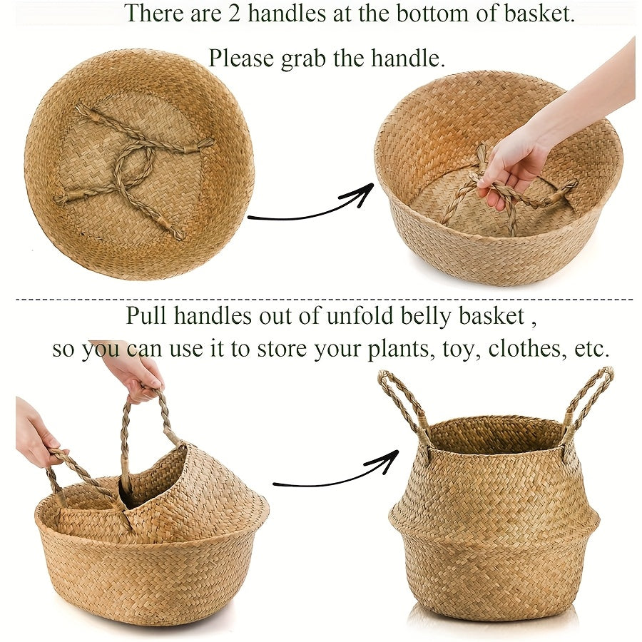 Woven Storage Baskets 2-Pack with Handles – Rattan Bamboo Handheld Organizer for Laundry, Flowers, Beach, Shopping & Indoor Plant Pots, Foldable Design