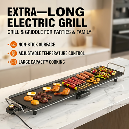 Indoor Electric Grill Smokeless – Non-Stick BBQ Griddle with Adjustable Temperature & Drip Tray, Extra-Large Extended / Medium / Large Roasting Pan, Multifunctional Indoor & Outdoor Barbecue – Holiday Gift Idea