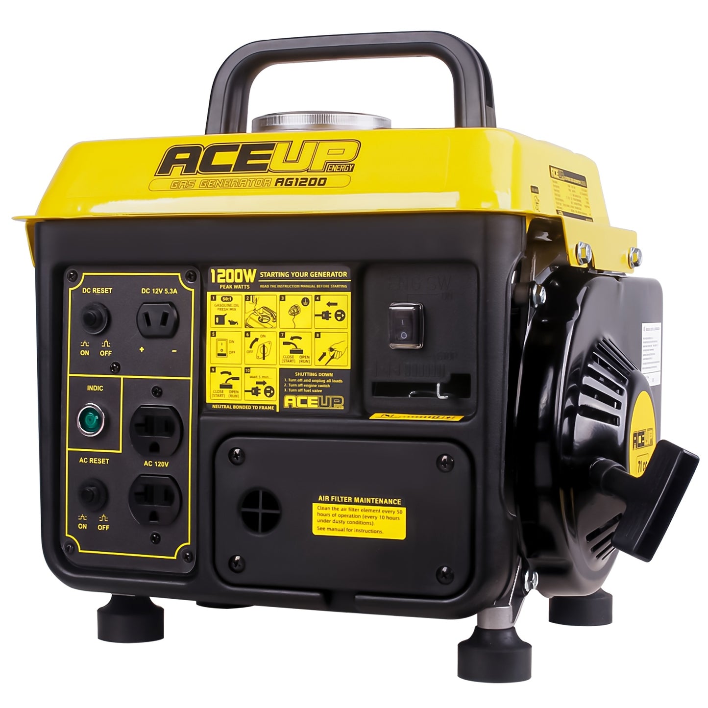 Portable Gas Generator 1200W Peak 900W Rated | 71cc 2-Cycle Engine Recoil Start AC DC Outlets | Camping RV Emergency Backup Low Noise EPA CARB