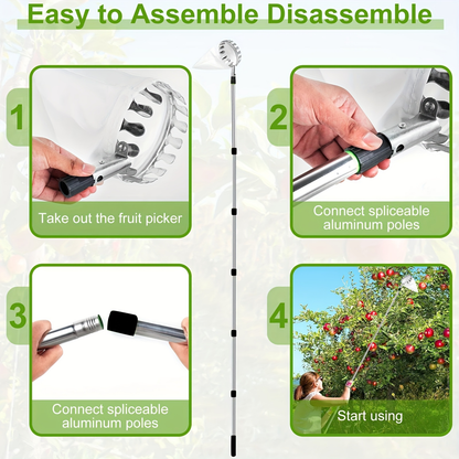 Fruit Picker Stainless Steel Adjustable Extension Pole - Tall Tree Orchard Picking Tool with Non-Slip Handle for Apples, Avocados, Peaches, Pears, Lemons, Cherries & Plums - 63 to 157 Inch