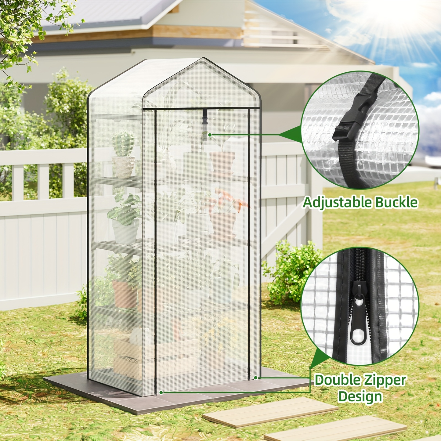 Garden Greenhouse Shelves 3/4-Layer Iron Frame with Durable PE Cover, Portable Indoor Outdoor Plant Greenhouse for Seedlings, Herbs & Flowers, White & Green