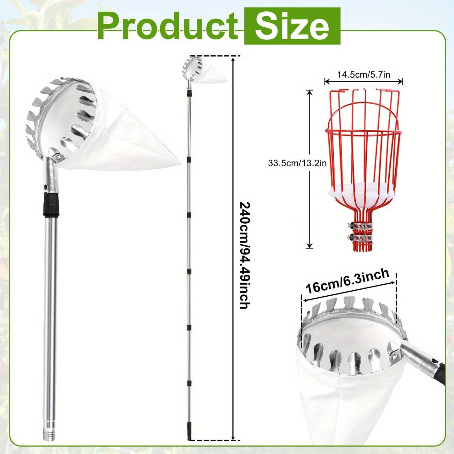 Fruit Picker Stainless Steel Adjustable Extension Pole - Tall Tree Orchard Picking Tool with Non-Slip Handle for Apples, Avocados, Peaches, Pears, Lemons, Cherries & Plums - 63 to 157 Inch