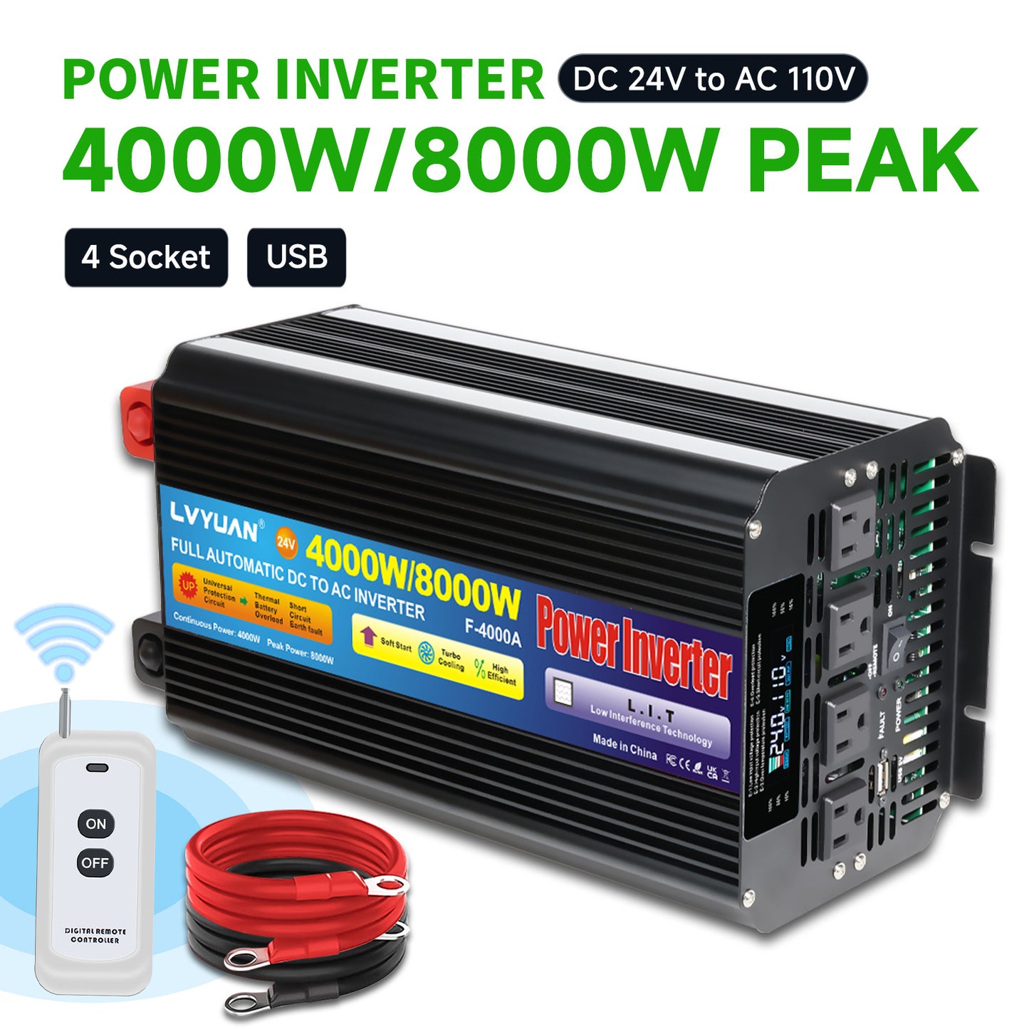 Pure Sine Wave Power Inverter 4000W 8000W Peak DC 12V to AC 110V with LCD Display Remote Control 4 AC Outlets for Car Truck RV Boat Solar Off-Grid