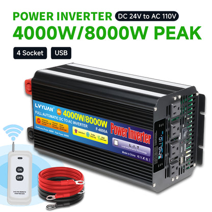 Pure Sine Wave Power Inverter 4000W 8000W Peak DC 12V to AC 110V with LCD Display Remote Control 4 AC Outlets for Car Truck RV Boat Solar Off-Grid